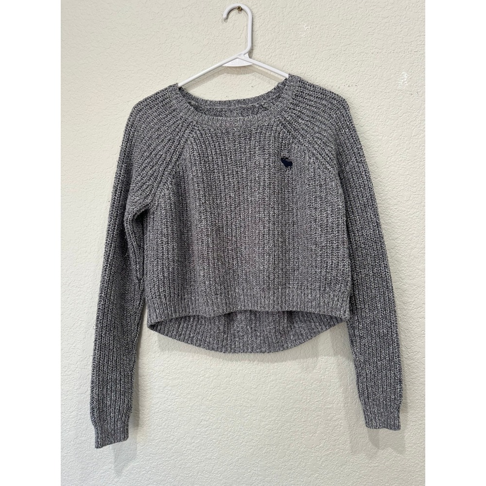 Abercrombie & Fitch Grey Marled Cropped Shaker Knit Sweater Moose Logo Medium